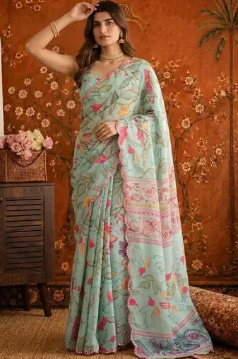 Sea green floral mirror work satin saree