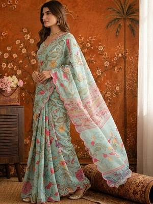 Sea green floral mirror work satin saree 3