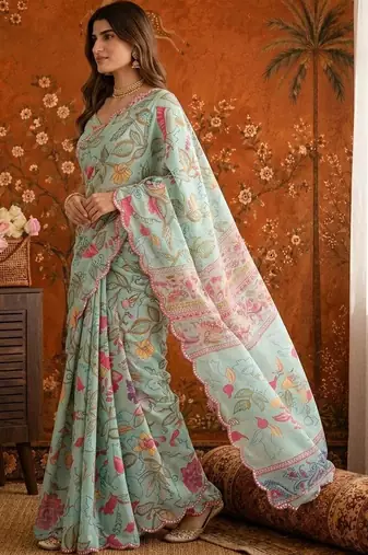 Sea green floral mirror work satin saree