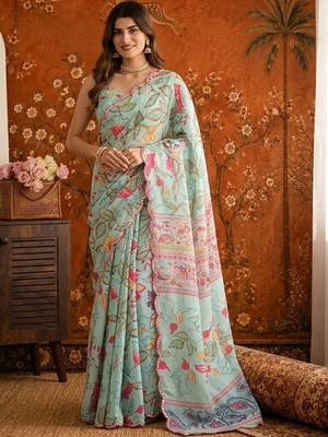 Sea green floral mirror work satin saree 4