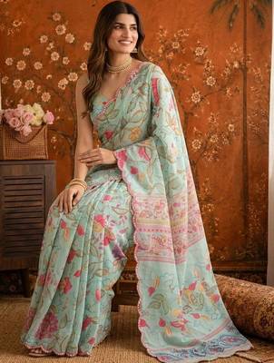 Sea green floral mirror work satin saree 5