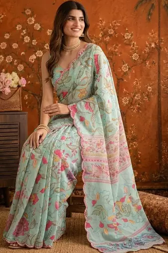 Sea green floral mirror work satin saree