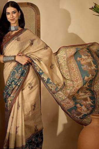 Beige floral printed  linen sarees with tassels & blouse piece
