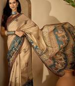 Beige floral printed  linen sarees with tassels & blouse piece
