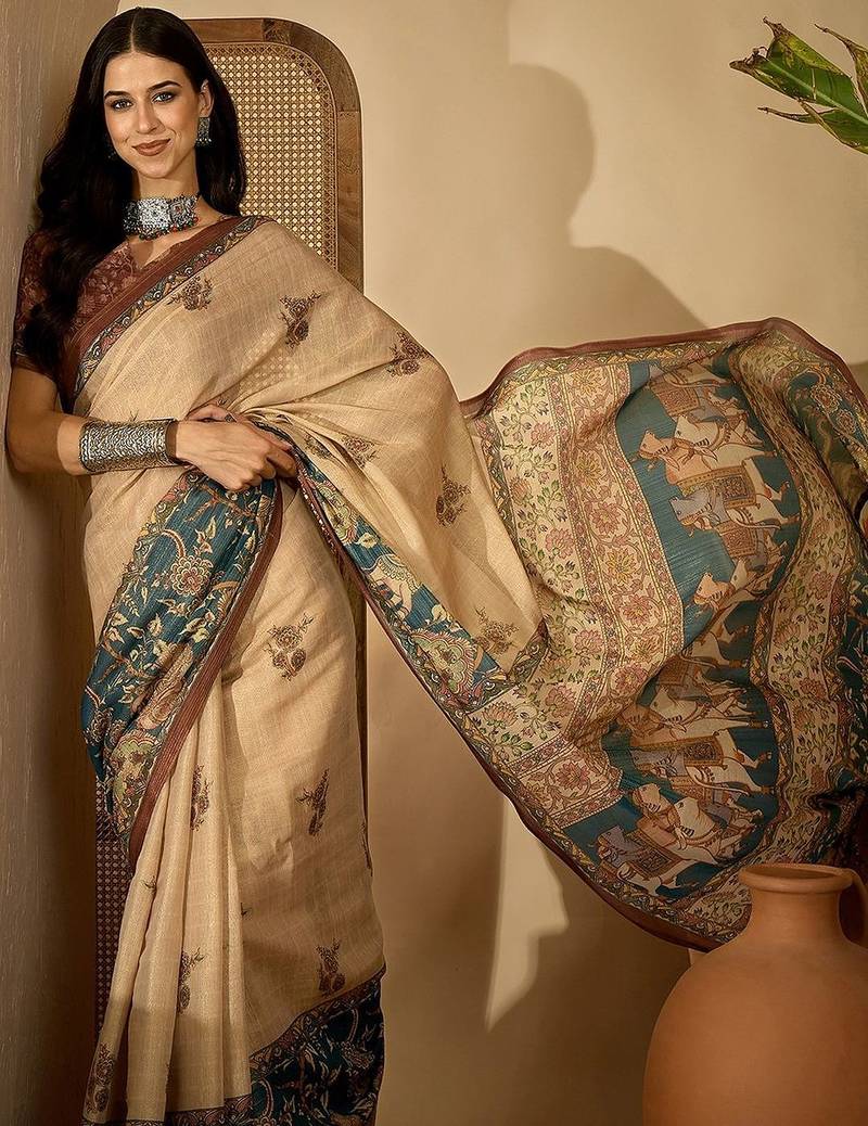 Beige floral printed  linen sarees with tassels & blouse piece