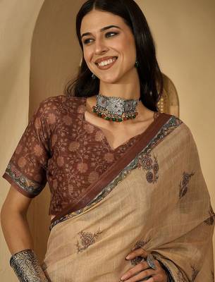 Beige floral printed  linen sarees with tassels & blouse piece 2