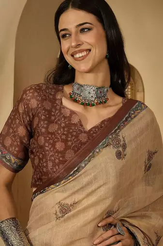 Beige floral printed  linen sarees with tassels & blouse piece