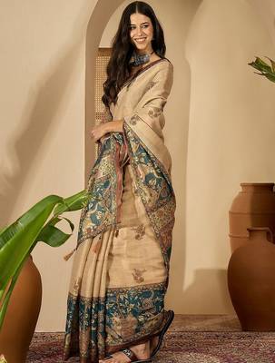 Beige floral printed  linen sarees with tassels & blouse piece 3