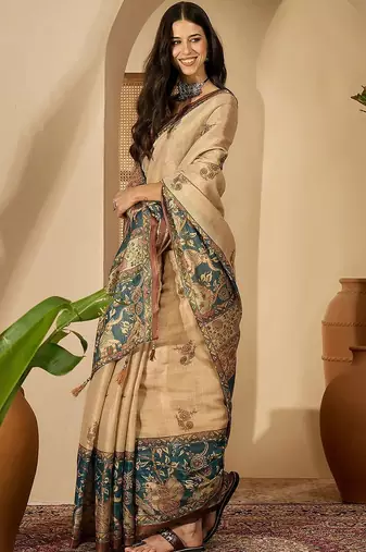 Beige floral printed  linen sarees with tassels & blouse piece