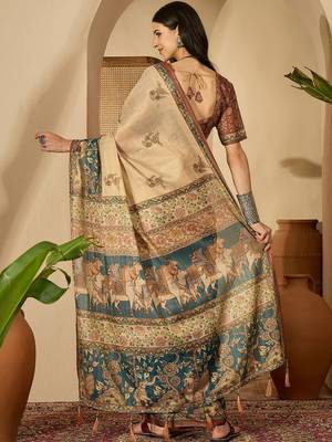 Beige floral printed  linen sarees with tassels & blouse piece 4