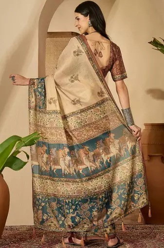 Beige floral printed  linen sarees with tassels & blouse piece