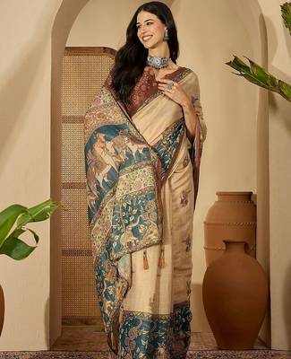 Beige floral printed  linen sarees with tassels & blouse piece 5