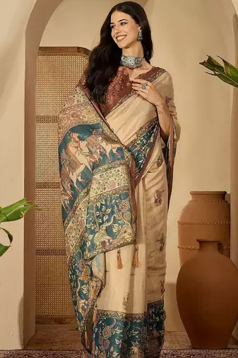 Beige floral printed  linen sarees with tassels & blouse piece
