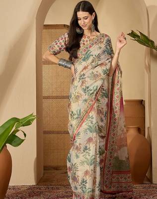 Beige beige  linen printed sarees 1