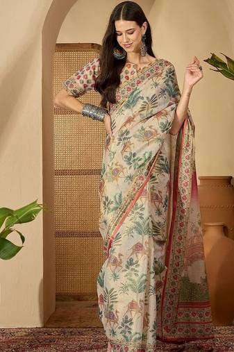 Beige beige  linen printed sarees