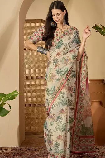 Beige beige  linen printed sarees