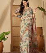 Beige beige  linen printed sarees