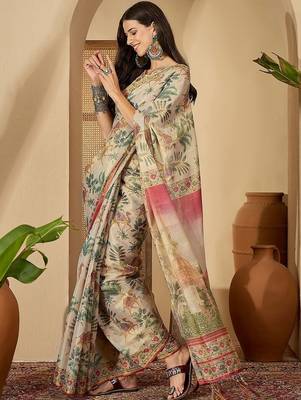 Beige beige  linen printed sarees 2