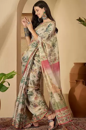 Beige beige  linen printed sarees