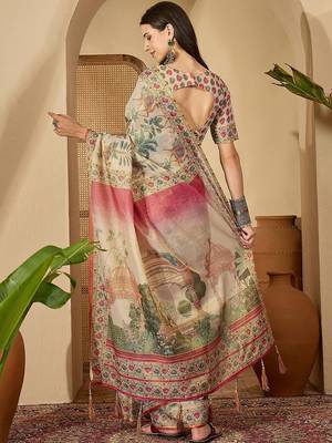 Beige beige  linen printed sarees 3