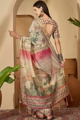 Beige beige  linen printed sarees