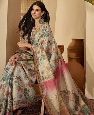 Beige beige  linen printed sarees 4
