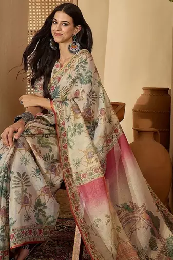 Beige beige  linen printed sarees