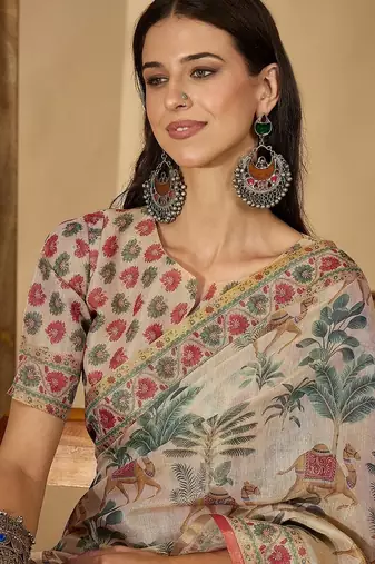 Beige beige  linen printed sarees