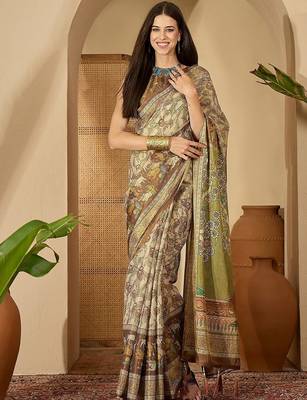 Beige floral printed  linen sarees with tassels & blouse piece 1