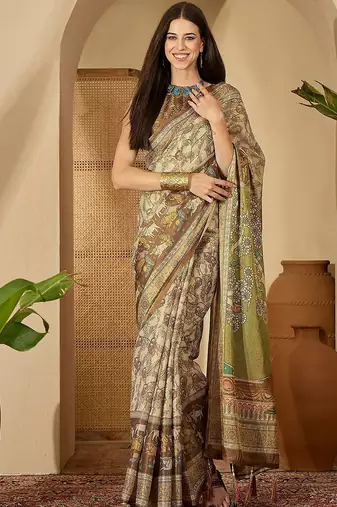 Beige floral printed  linen sarees with tassels & blouse piece
