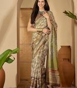Beige floral printed  linen sarees with tassels & blouse piece