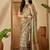 Beige floral printed  linen sarees with tassels & blouse piece