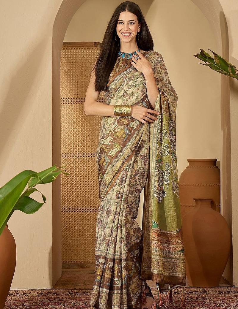 Beige floral printed  linen sarees with tassels & blouse piece