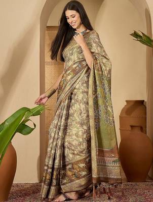 Beige floral printed  linen sarees with tassels & blouse piece 3