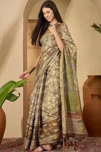 Beige floral printed  linen sarees with tassels & blouse piece