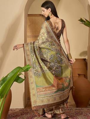 Beige floral printed  linen sarees with tassels & blouse piece 4