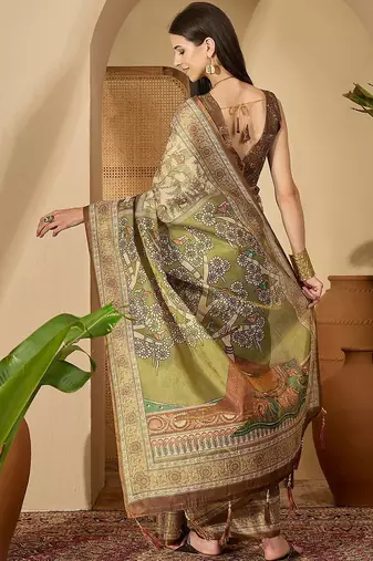 Beige floral printed  linen sarees with tassels & blouse piece