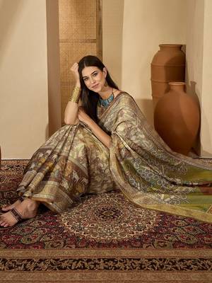 Beige floral printed  linen sarees with tassels & blouse piece 5