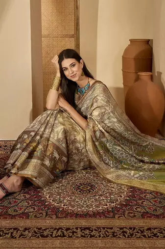 Beige floral printed  linen sarees with tassels & blouse piece