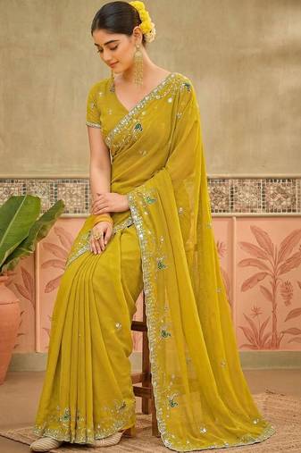 Yellow sequins embroidered sarees with unstitched blouse piece