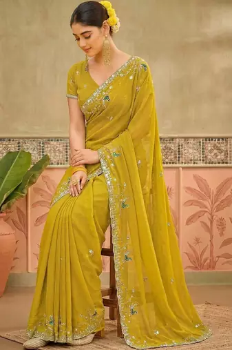 Yellow sequins embroidered sarees with unstitched blouse piece