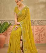 Yellow sequins embroidered sarees with unstitched blouse piece