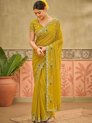 Yellow sequins embroidered sarees with unstitched blouse piece 2