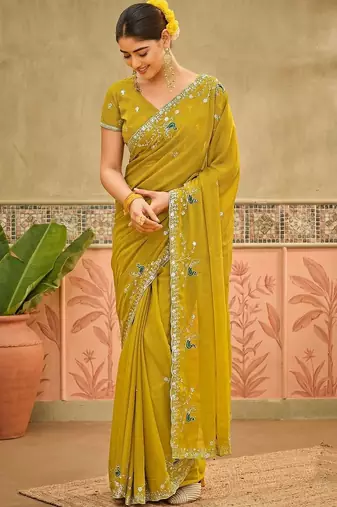 Yellow sequins embroidered sarees with unstitched blouse piece