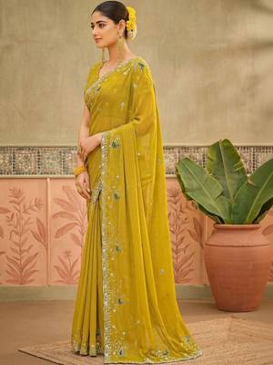 Yellow sequins embroidered sarees with unstitched blouse piece 3
