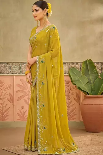 Yellow sequins embroidered sarees with unstitched blouse piece
