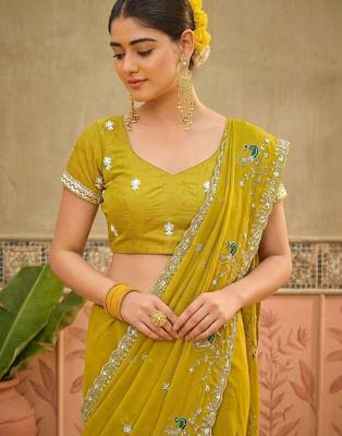 Yellow sequins embroidered sarees with unstitched blouse piece 4