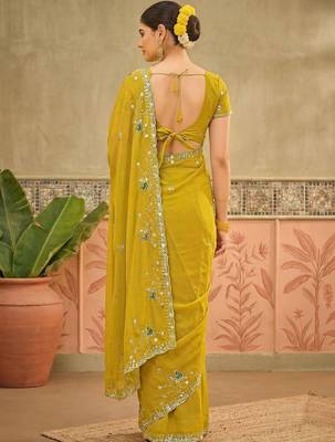 Yellow sequins embroidered sarees with unstitched blouse piece 5