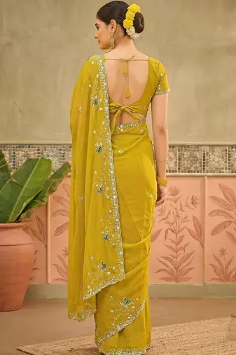 Yellow sequins embroidered sarees with unstitched blouse piece
