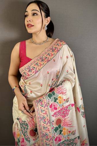 Off white woven design silk blend handloom jamdani saree